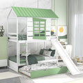 White Green Twin Over Twin Bunk Bed with Slide and Trundle