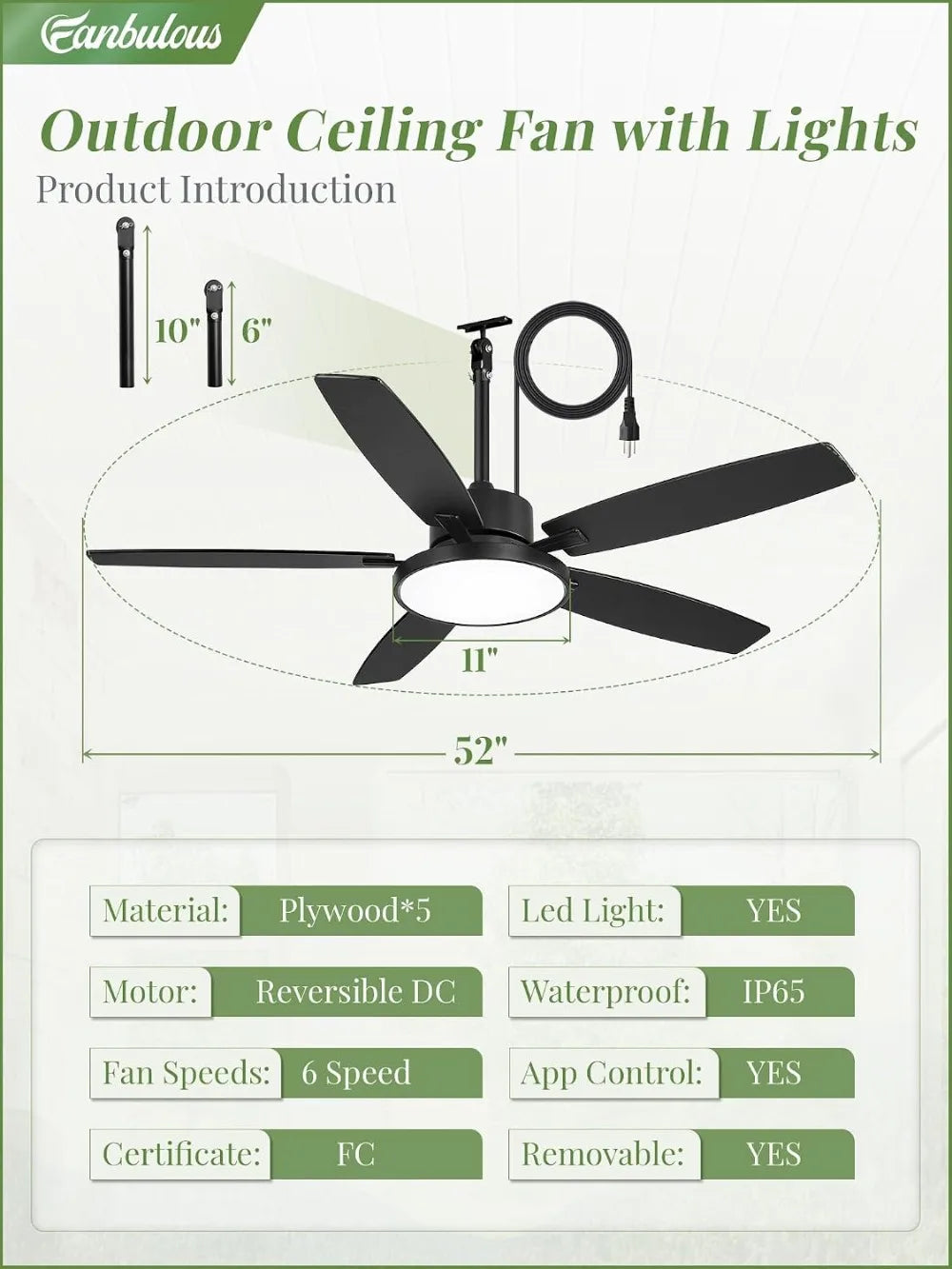 52'' Outdoor Ceiling Fan with Light and Remote