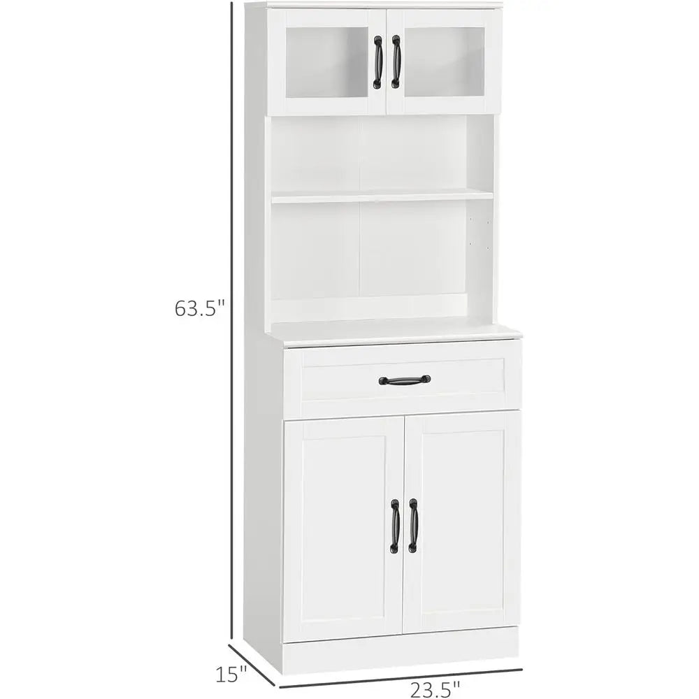 Four-Door Kitchen Pantry Cabinet with Hutch and Coffee Bar, Adjustable Shelves, White