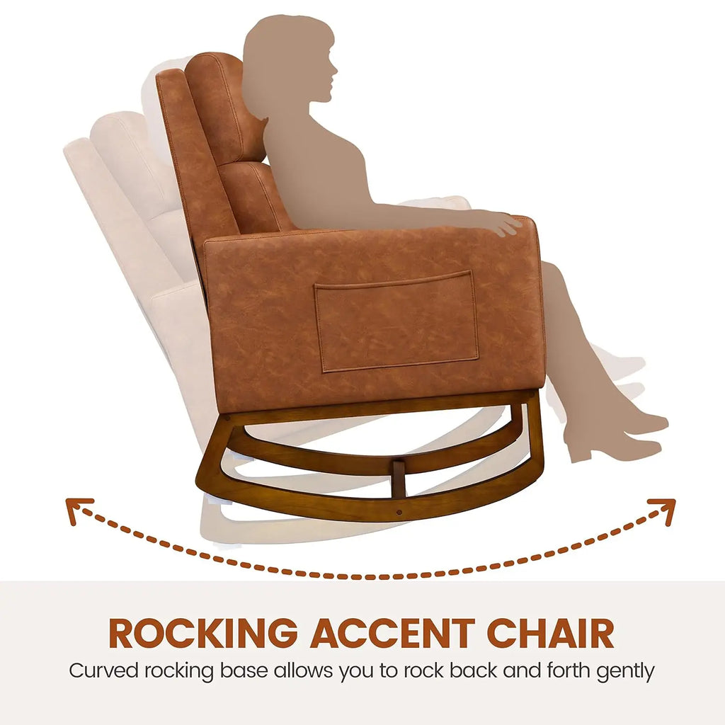 Leather Rocking Chair High Back Side Pocket Wood Legs