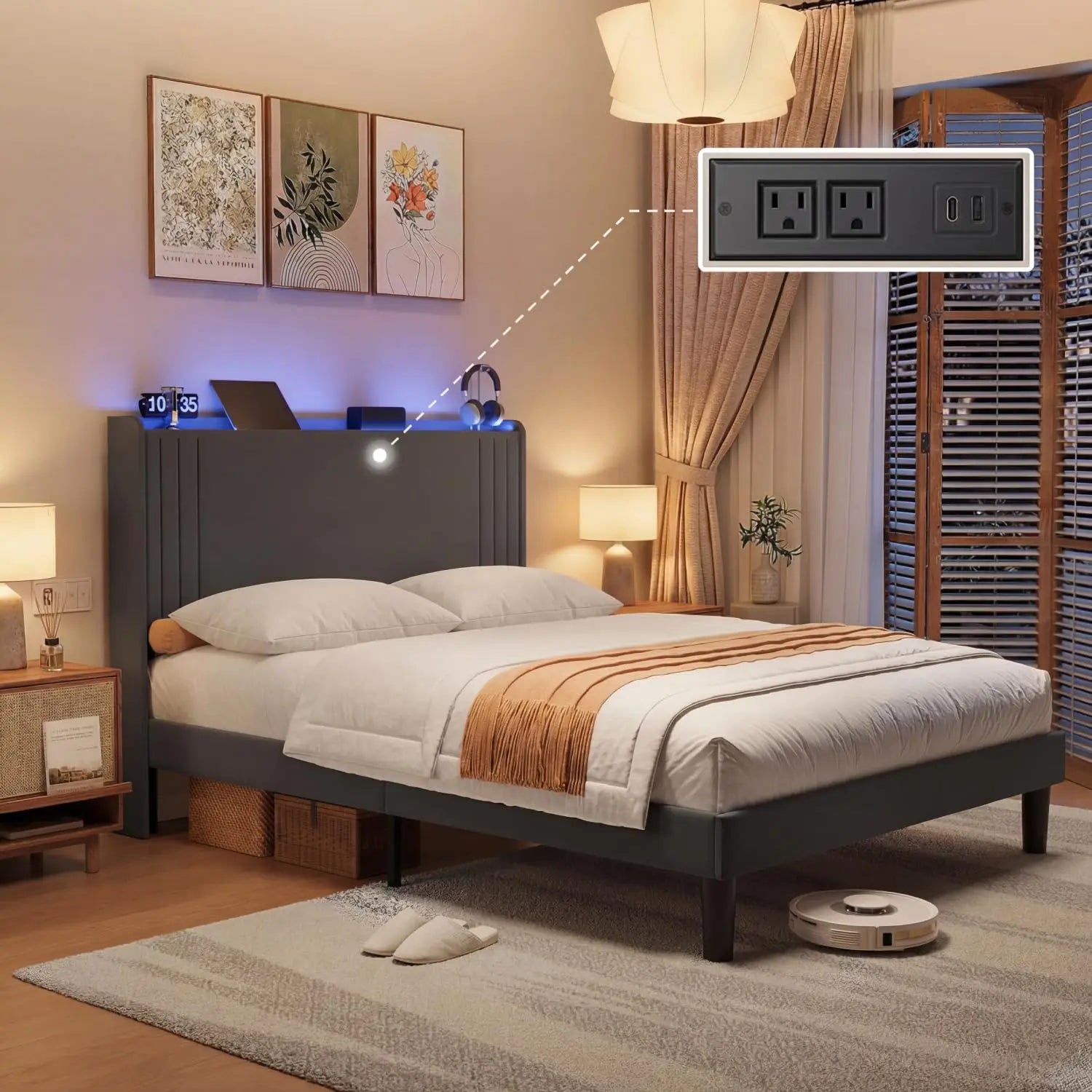 Queen Bed Frame with Wingback Headboard, Upholstered Platform Bed, Wooden Slats, Noise-Free, No Box Spring Needed,, Customized