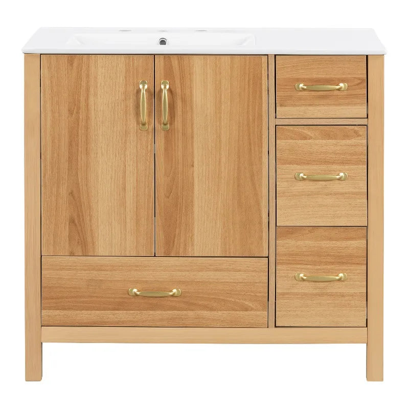 Wood Bathroom Vanity with Solid Wood Frame, 2 Soft Close Doors, 4Soft Close Drawers,