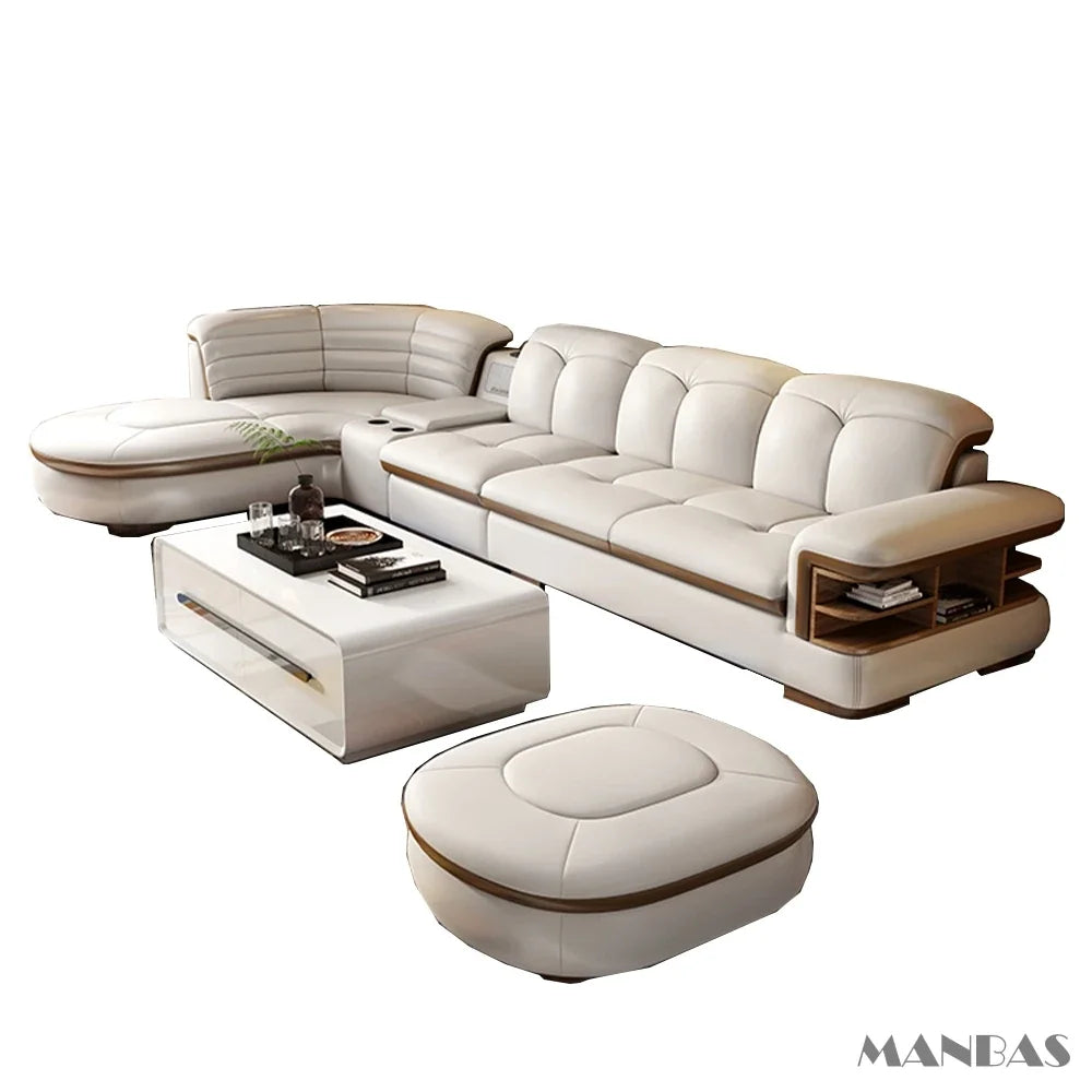 Luxury L-Shaped Genuine Leather Sectional Sofa Sets with USB, Bluetooth Speaker