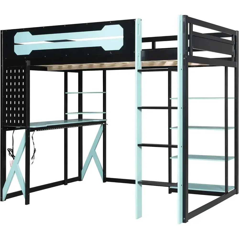 Full Size Gaming Loft Bed with Desk, USB Ports, LED Lights,