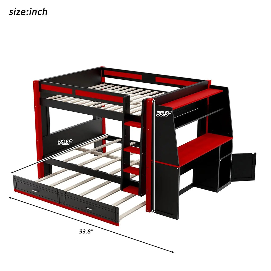Full Size Gaming Bunk Bed with Desk, LED Lights & Trundle
