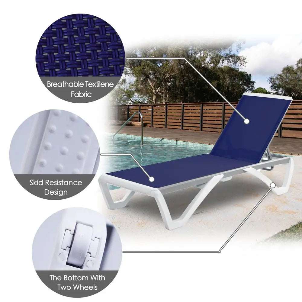 Outdoor Chaise Lounge Chair, Full Flat Adjustable Patio Lounger with Aluminum Frame amp Resin Legs, Textilene Fabric for Poolsi