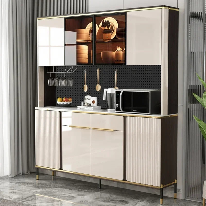 Luxury Pantry Cabinet Kitchen Hutch Buffet Sideboard Oven Countertop Storage Microwave Cabinet with 3 Door Living Room Furniture