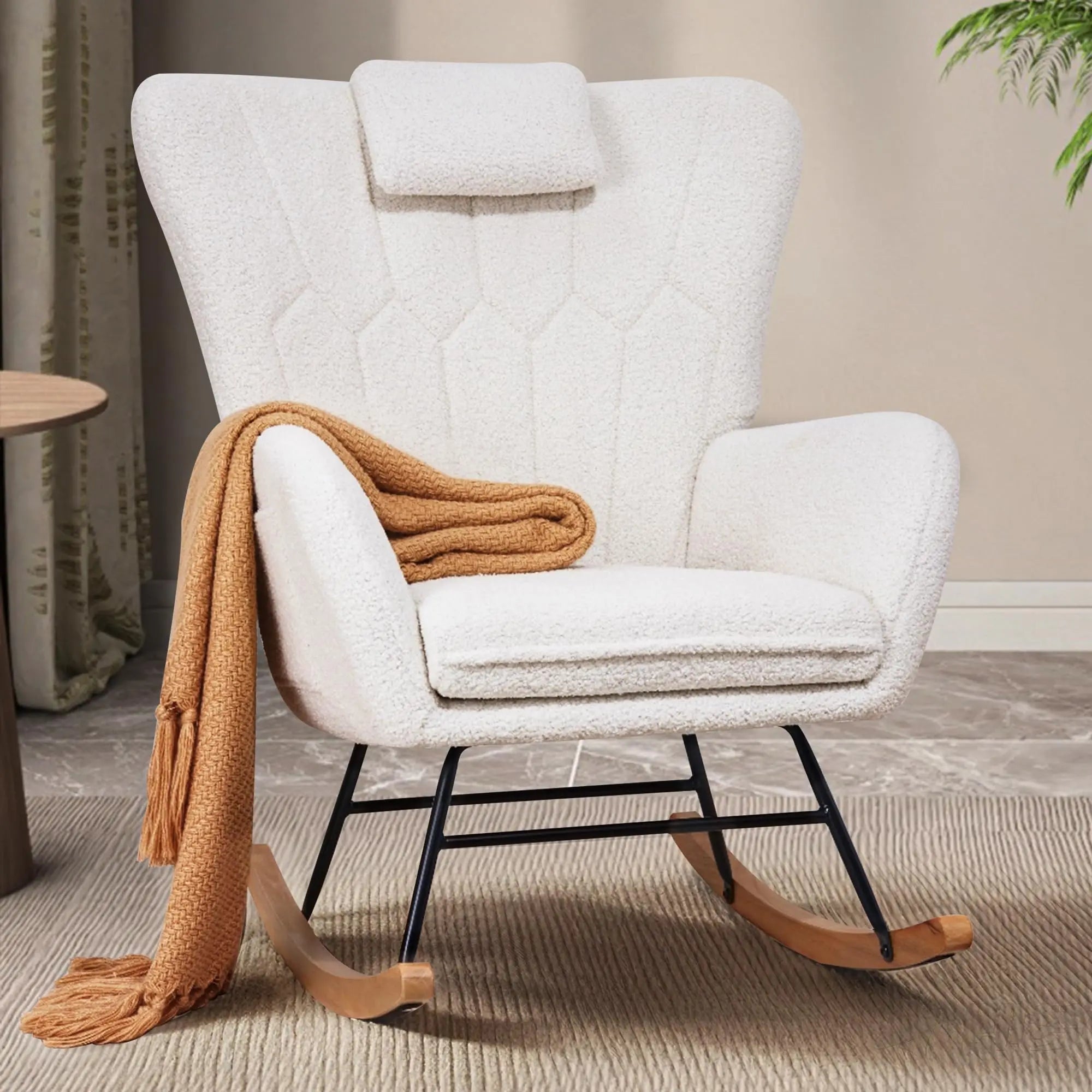 Brown Leather High-Back Rocking Armchair With Quilted Backrest