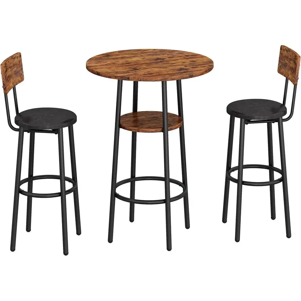 3-Piece Bar Table Set or 2, Small 2-Tier Round Bistro Pub Dining Table & PU Upholstered Stools with Backrest, Counter Height Tab