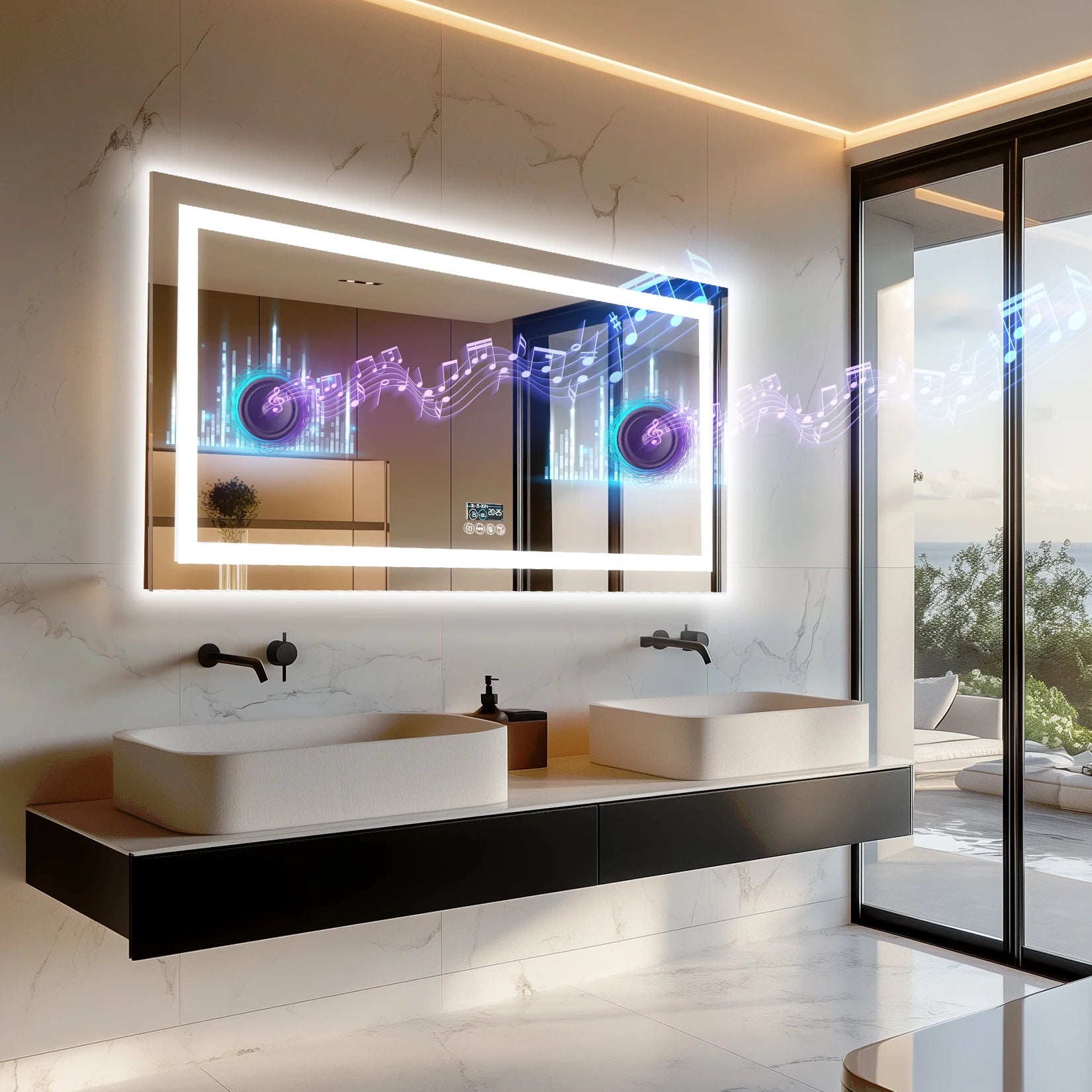 Bathroom Mirror with Dual Lights, Anti-Fog, Bluetooth Speaker Dimmable