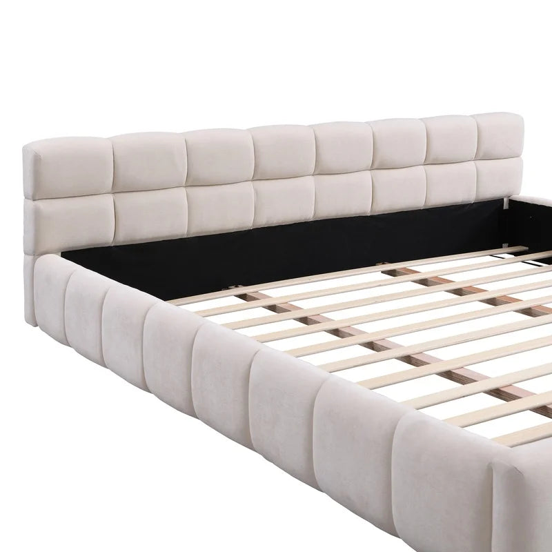 Elegant Beige Chenille King Bed with Checkerboard Pattern