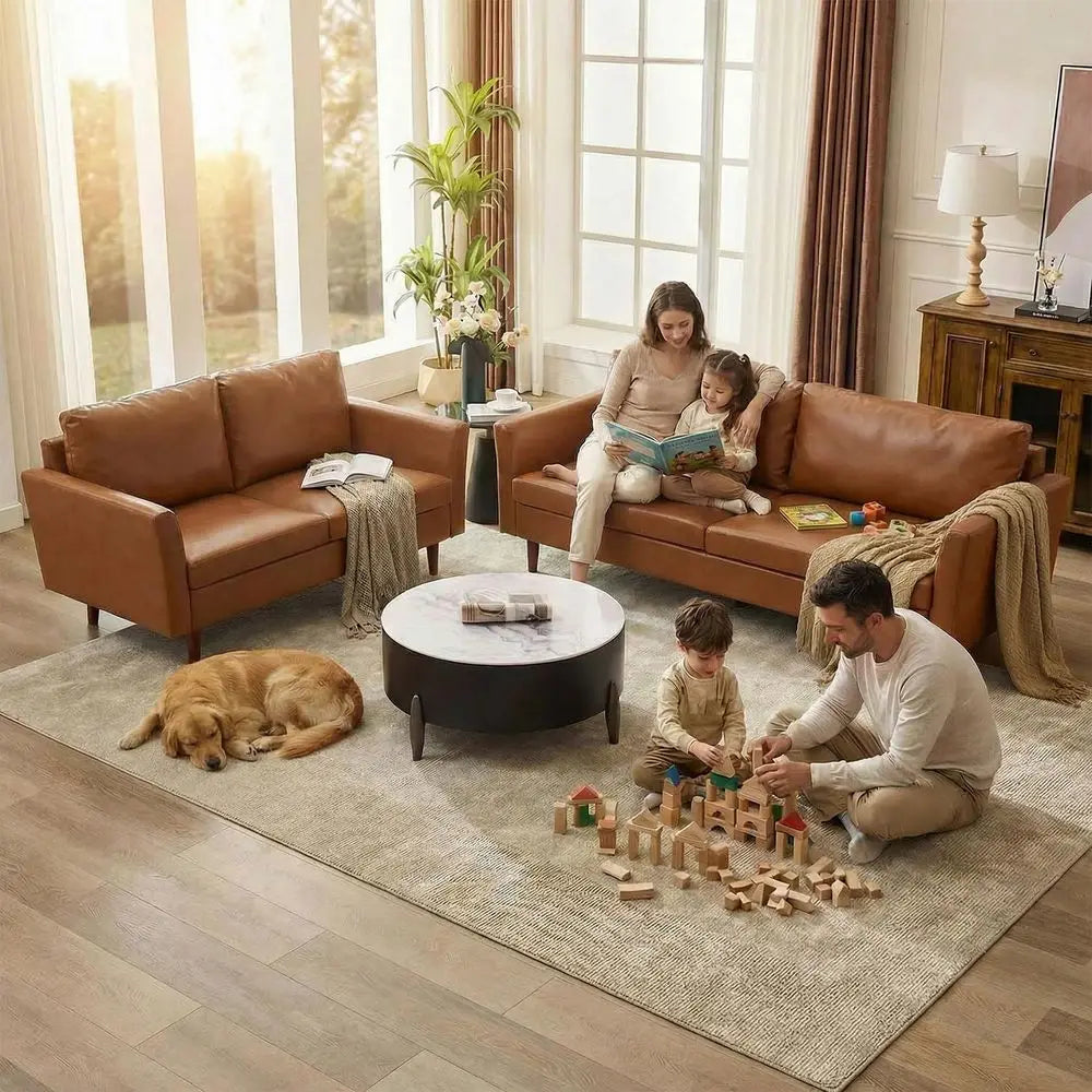 Leather Sofa with Rolled Arms and Deep Seating