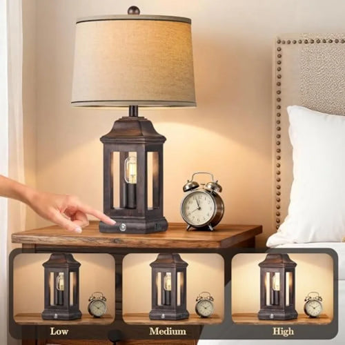 24" Rustic Farmhouse Table Lamps for Living Room, Single Pack Touch Dimmable Nightlight Vintage Bedside Lamps with USB A+C Port