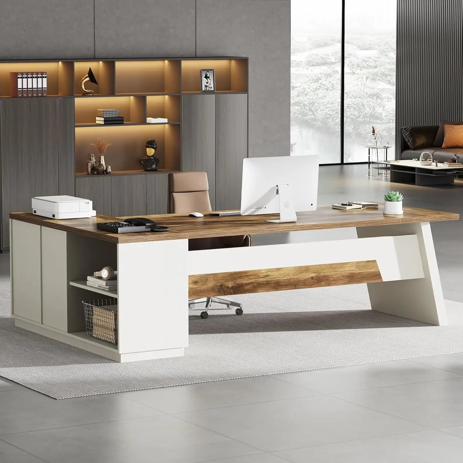 L-Shaped Executive Desk with Drawers & File Cabinet