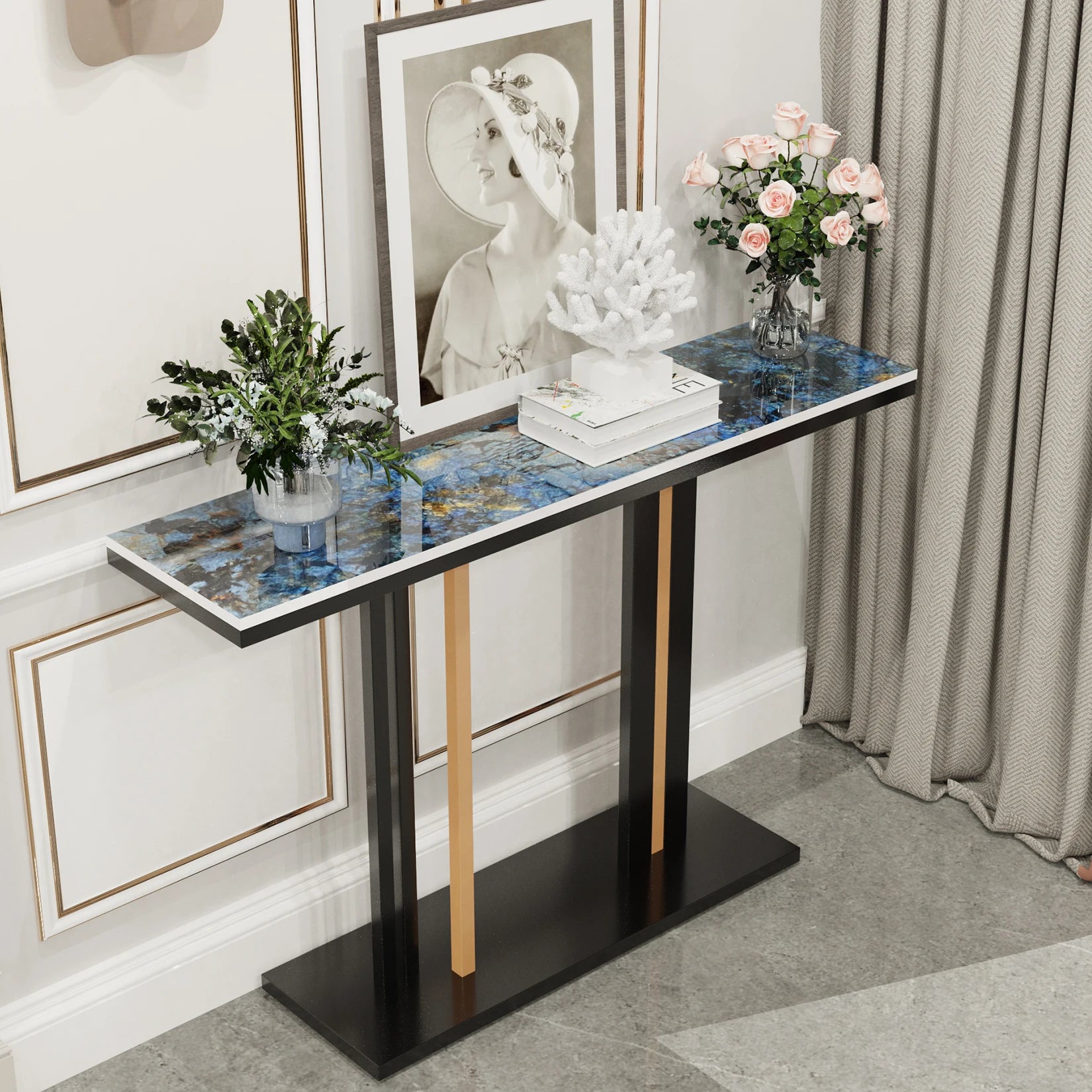 Contemporary Style Console Table with Stone Top and Pedestal Base