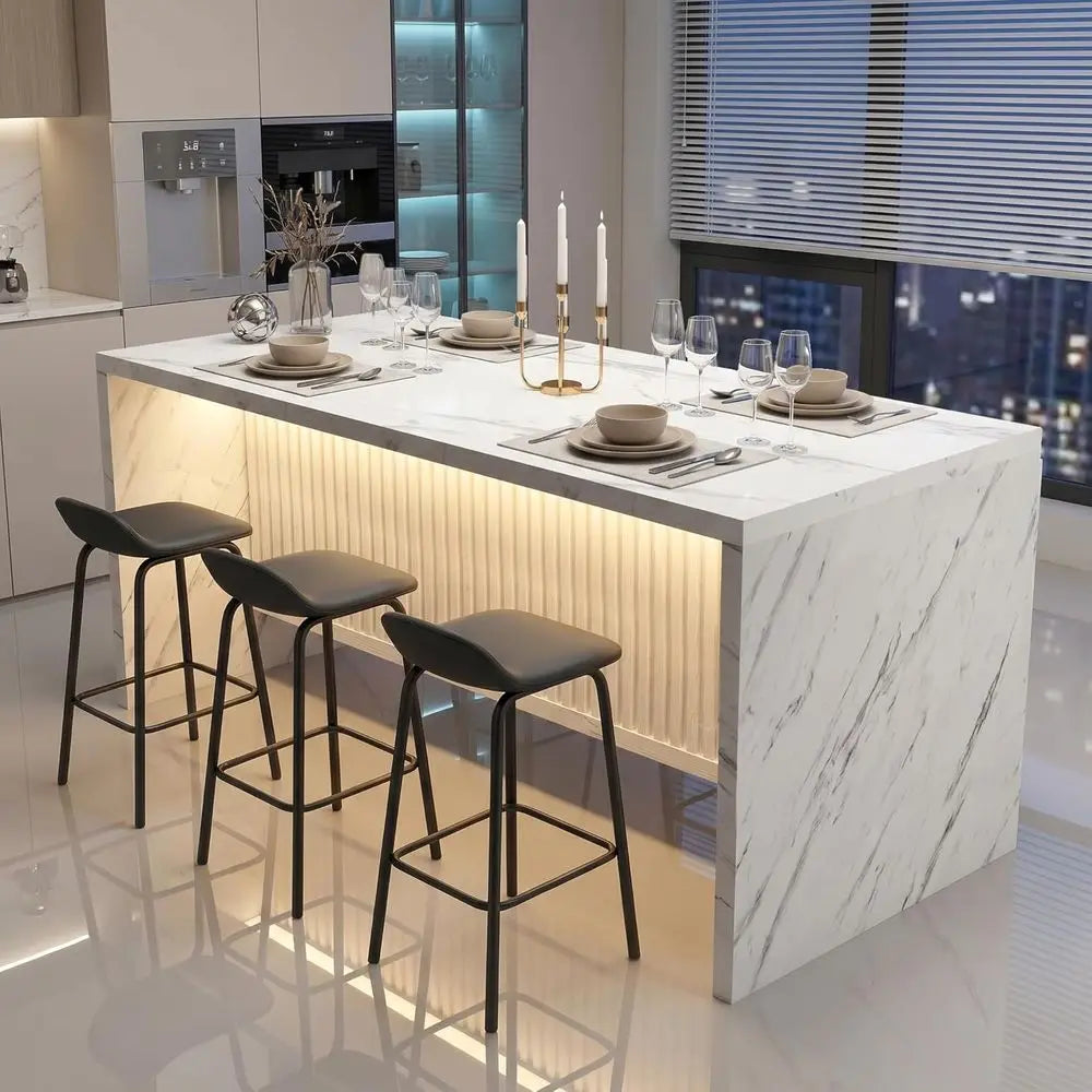 71’’ Large aux Marble Dining Table or 6 People, 37.4’’H Tall ern Kitchen Island with LED Lights, RecKitchen Dining Table or Home
