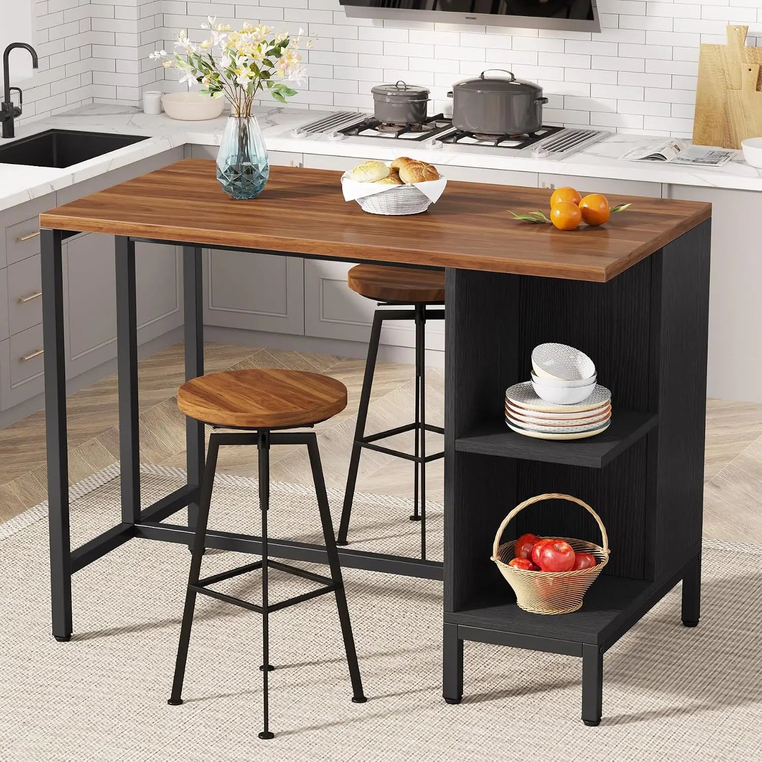 Kitchen Island Bar Table With Five Open Storage Shelves