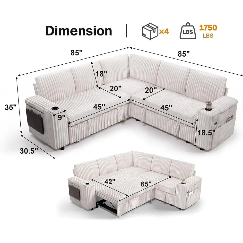 86 Sectional Sofa with Pull-Out Bed, 5-Seat L-Shaped Corduroy Couch,