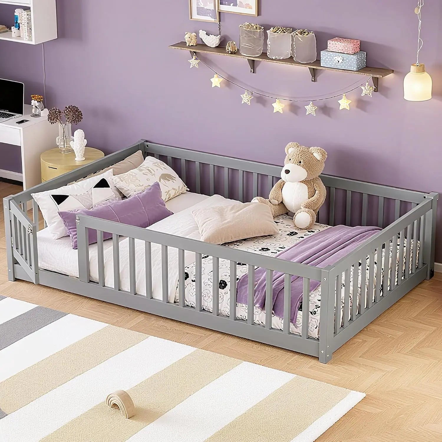 Full Size Montessori Floor Bed Frame with Rails & Door