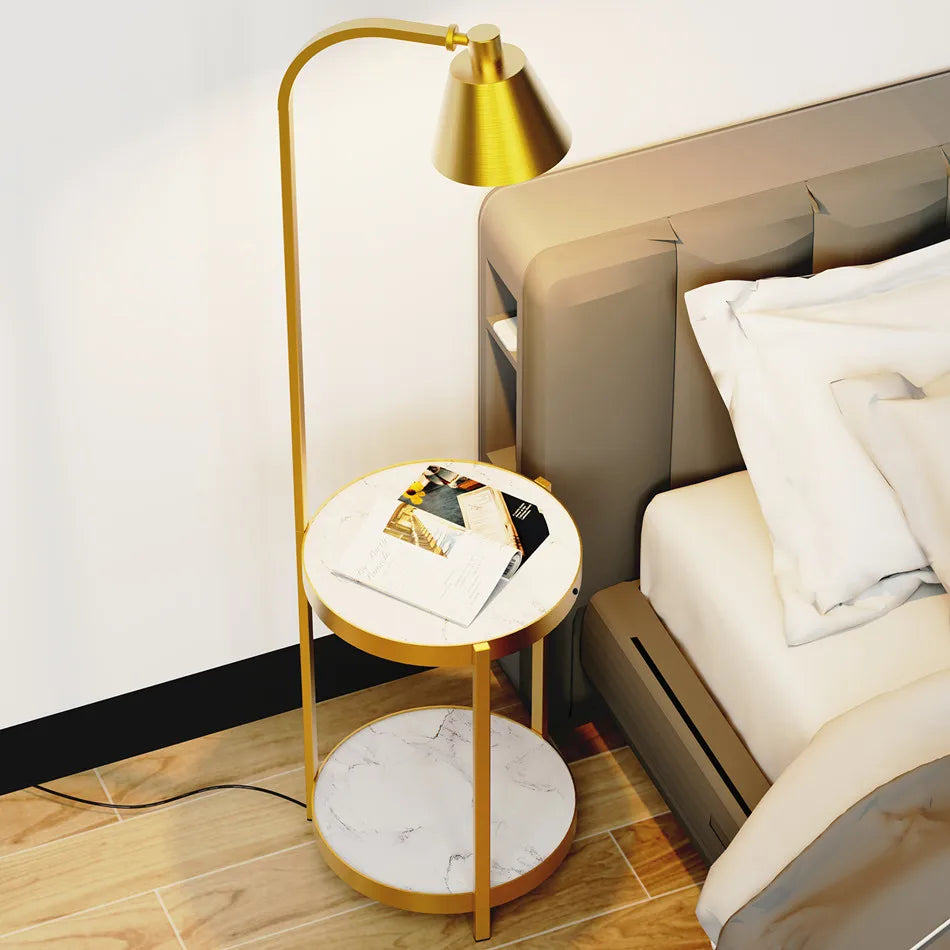 Modern Gold 2-Tier Tall Standing Floor Lamp with Storage Table