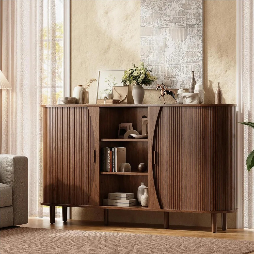 Curved Buffet Cabinet with Adjustable Shelves and Sliding Doors