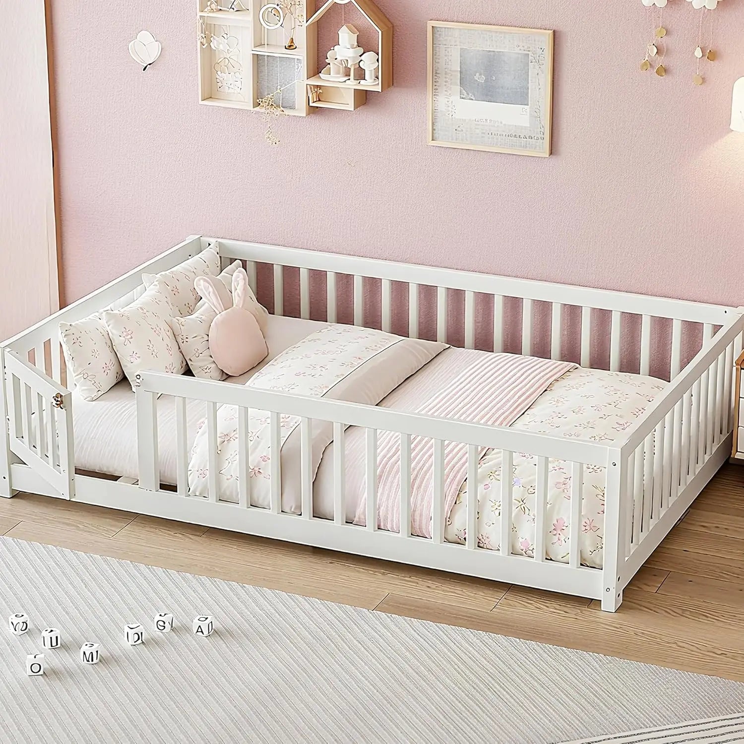 Full Size Montessori Floor Bed Frame with Rails & Door