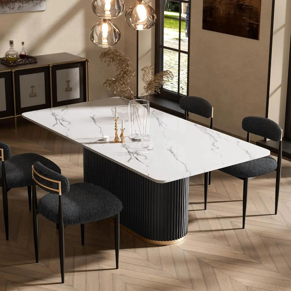 Elegant 70 Marble Dining Table with Black Base and White Top
