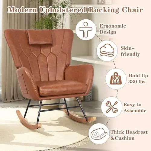 Brown Leather High-Back Rocking Armchair With Quilted Backrest