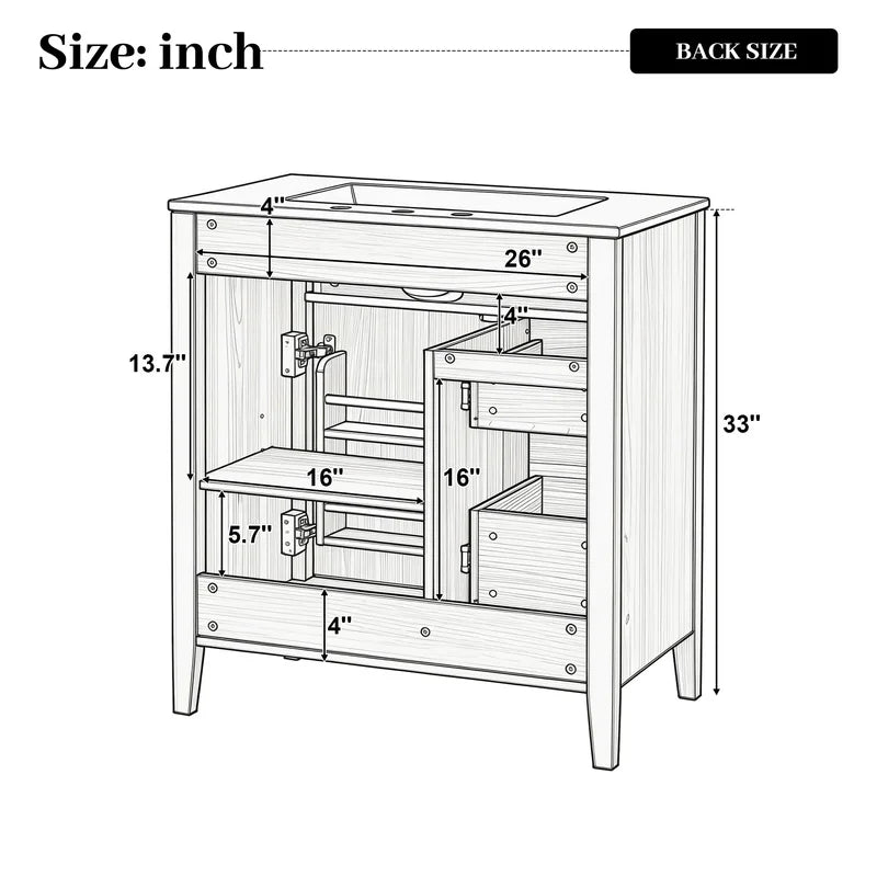 30" Natural Wood Grain Bathroom Vanity with Ceramic Sink