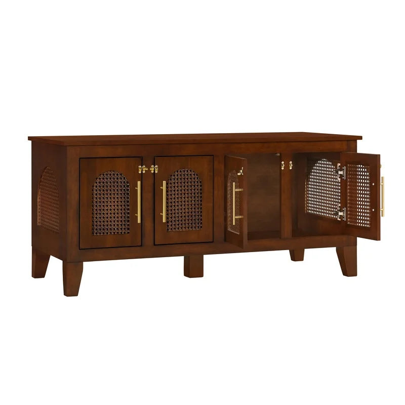 Large Indoor Rattan-Style Rubber Wood Dog Crate Cabinet with 4 Doors