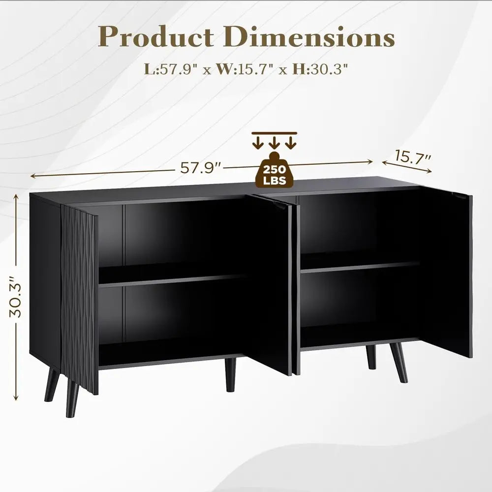 Black Wave Fluted 4-Door Sideboard Buffet