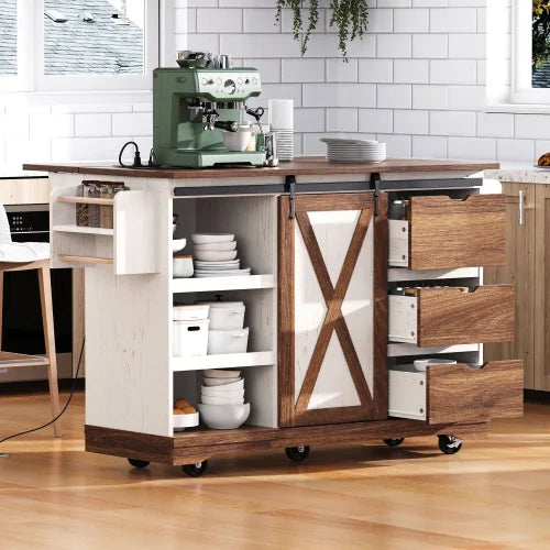 55.5" Farmhouse Kitchen Island with Drop Leaf