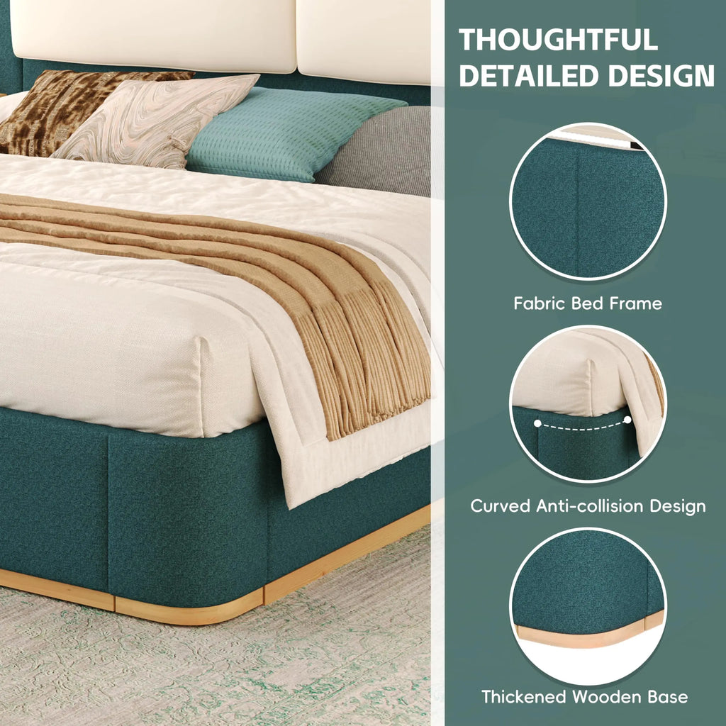 Queen Size Upholstered Bed Frame with integrated Shelves,Thick Headboard and Footboard,Wooden Structure Solid, Noise-Free,No B