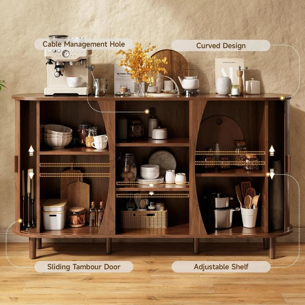 Curved Buffet Cabinet with Adjustable Shelves and Sliding Doors