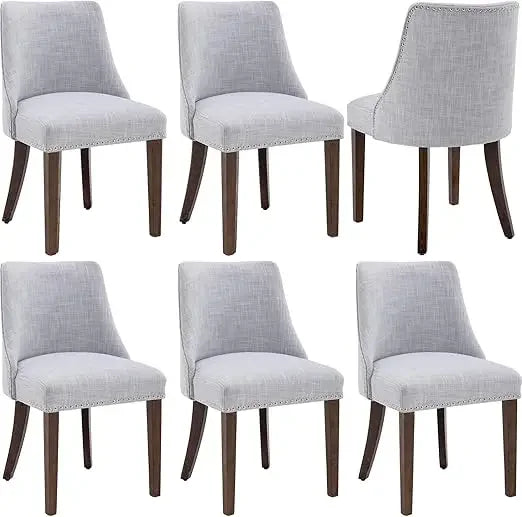Linen Dining Chairs Set of 6 Upholstered Accent Chair with Nailhead Trim & Solid Wood Legs, Mid Century Modern Side Chair for Ki