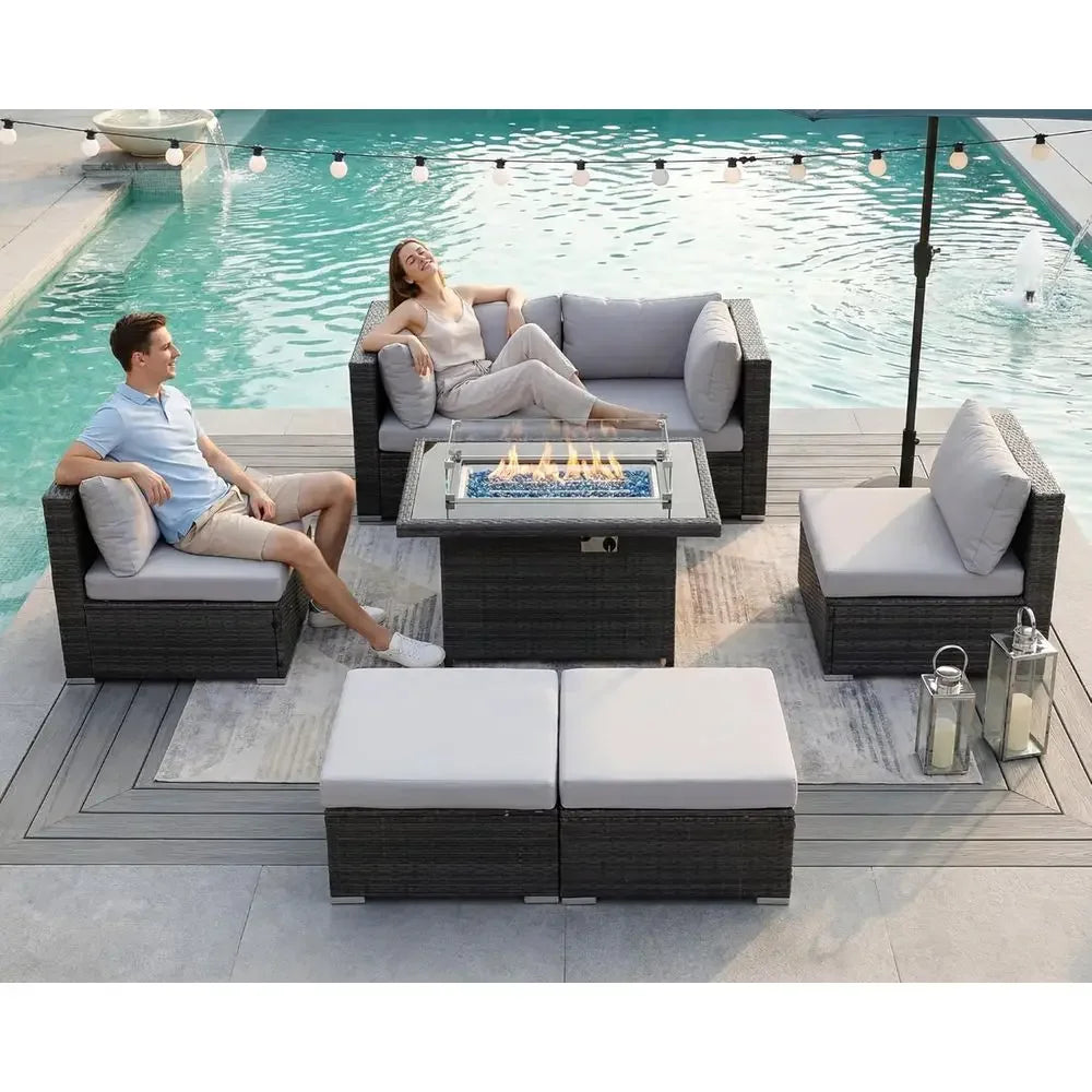 7 Piece High Back Outdoor Sectional Set with Fire Pit Table
