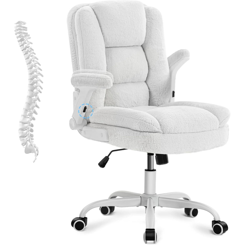 White Plush Office Chair Ergonomic Desk Chair with Lumbar Support, Flip-Up Arms, Adjustable Swivel Computer Chair with Wheels, Soft Fleece Cute Office Chair for Home Bedroom Vanity