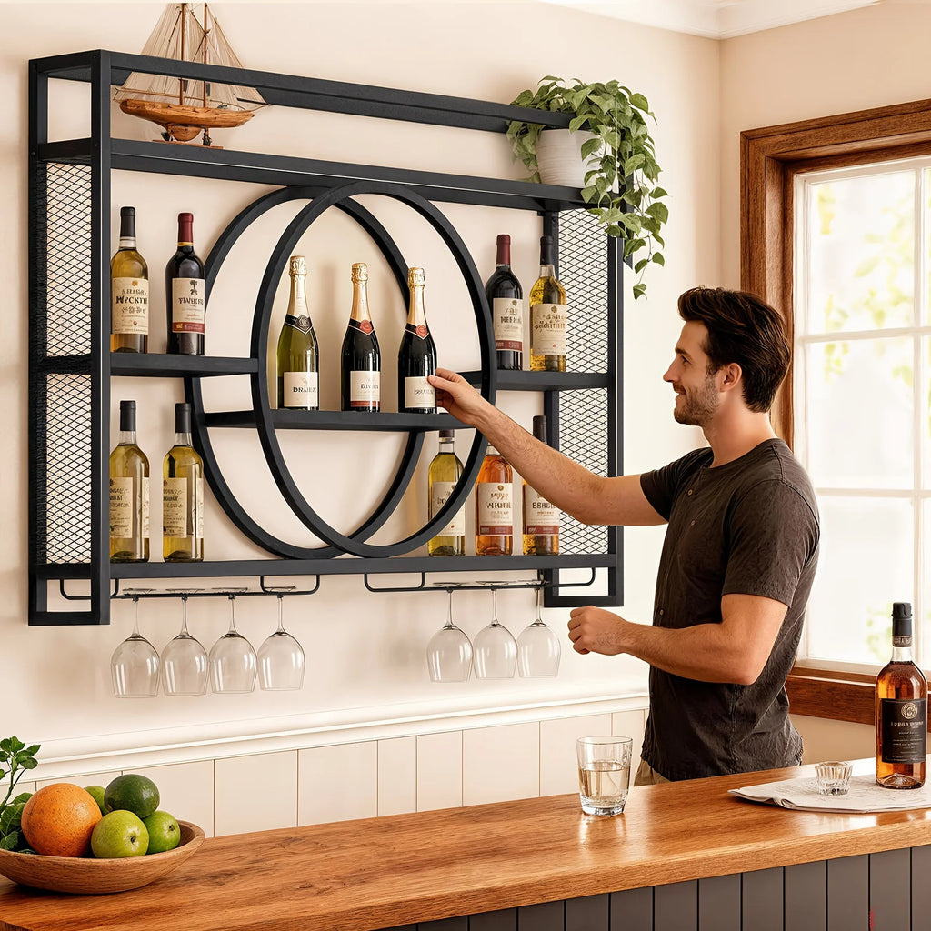 Wall-Mounted Metal Wine Rack & Bar Shelf