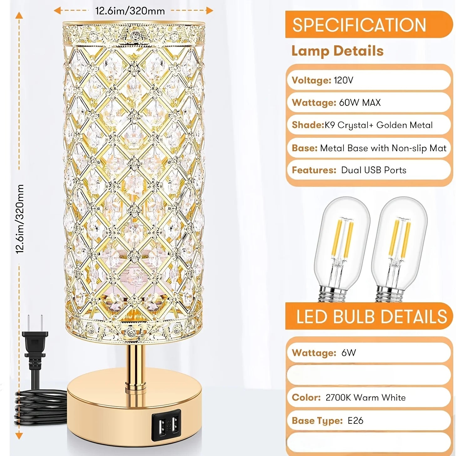 Set of 2 Modern Touch Control Table Lamps with USB- Ports