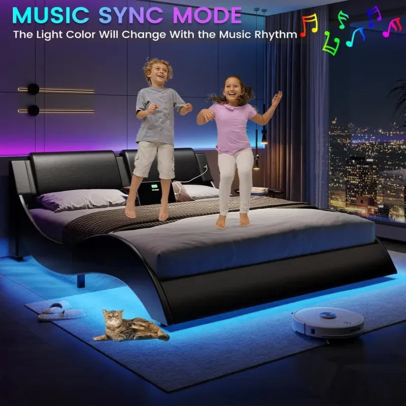 Queen Bed Frame with LED Lights and Charging Port for Imitation Leather Interior Bed