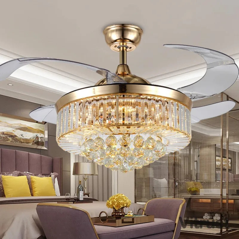 Crystal Dimmable 3 Color Retractable Ceiling Fan
