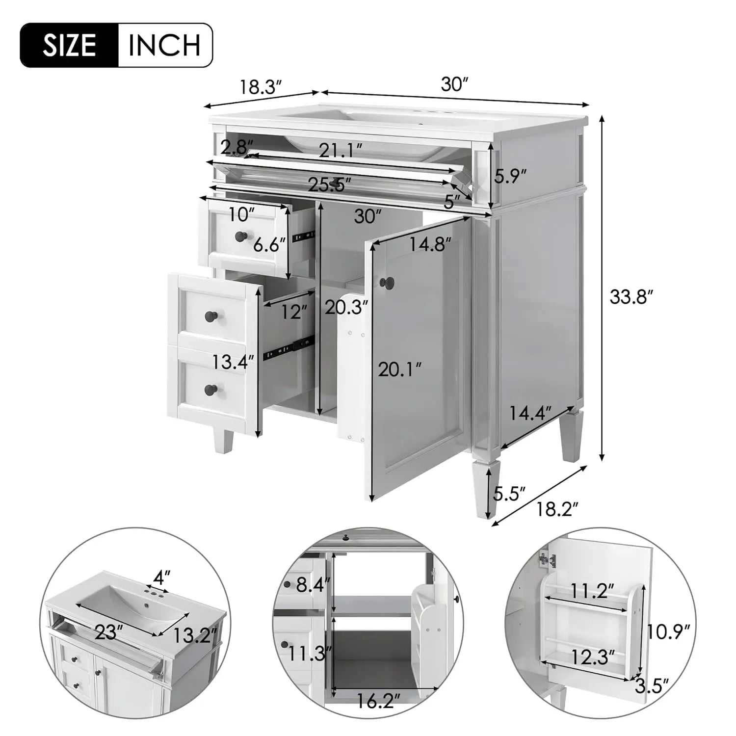 30" Bathroom Vanity Ceramic Sink Modern Freestanding Storage