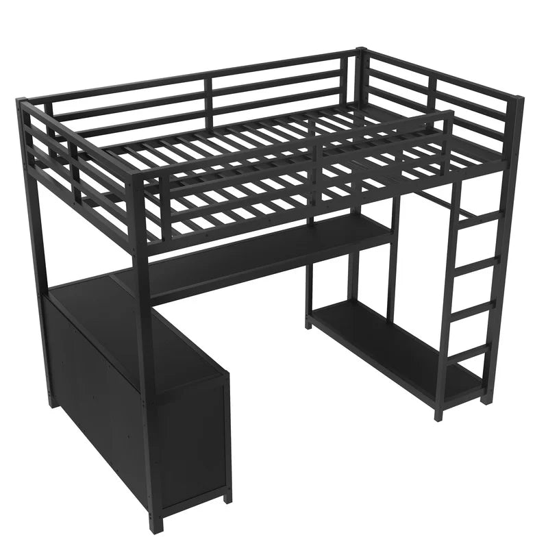 Black Metal Loft Bed with Wardrobe and L-Shaped Desk, Twin Size, Storage Shelves, for Kids Teens Adults