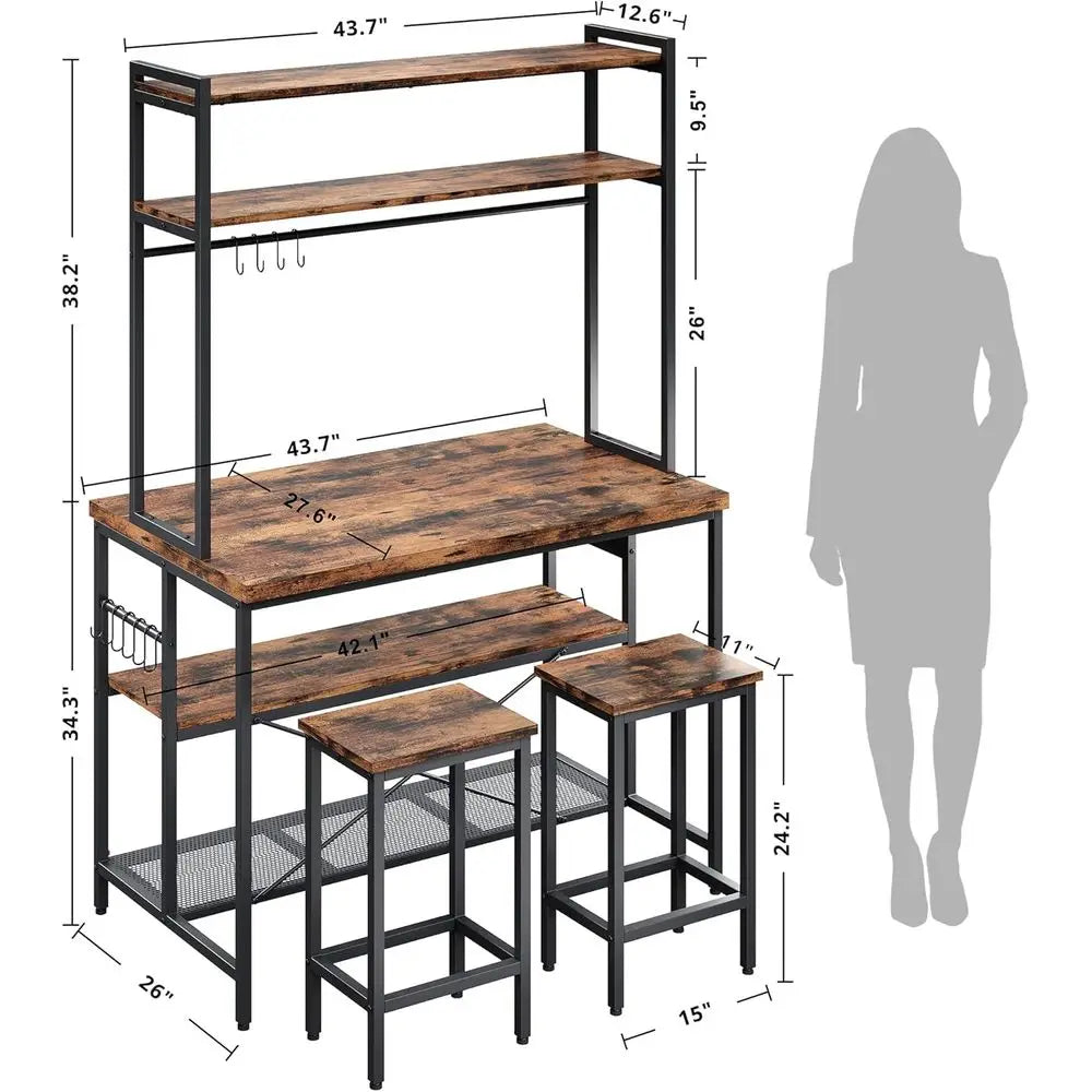 Kitchen Island with Stools, Storage Bakers Rack, Power Outlet, Industrial Coffee Bar Table, Dining Room Furniture, 10 Vintage Br