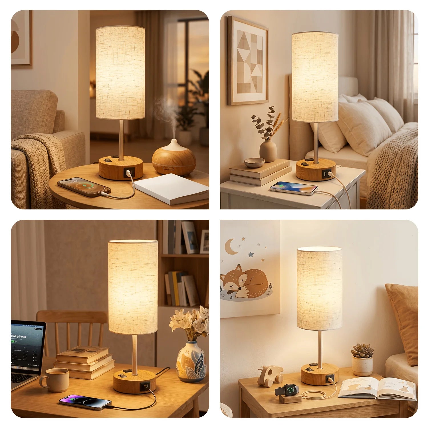 Dimmable Table Lamps with USB Charging Ports And AC Outlet