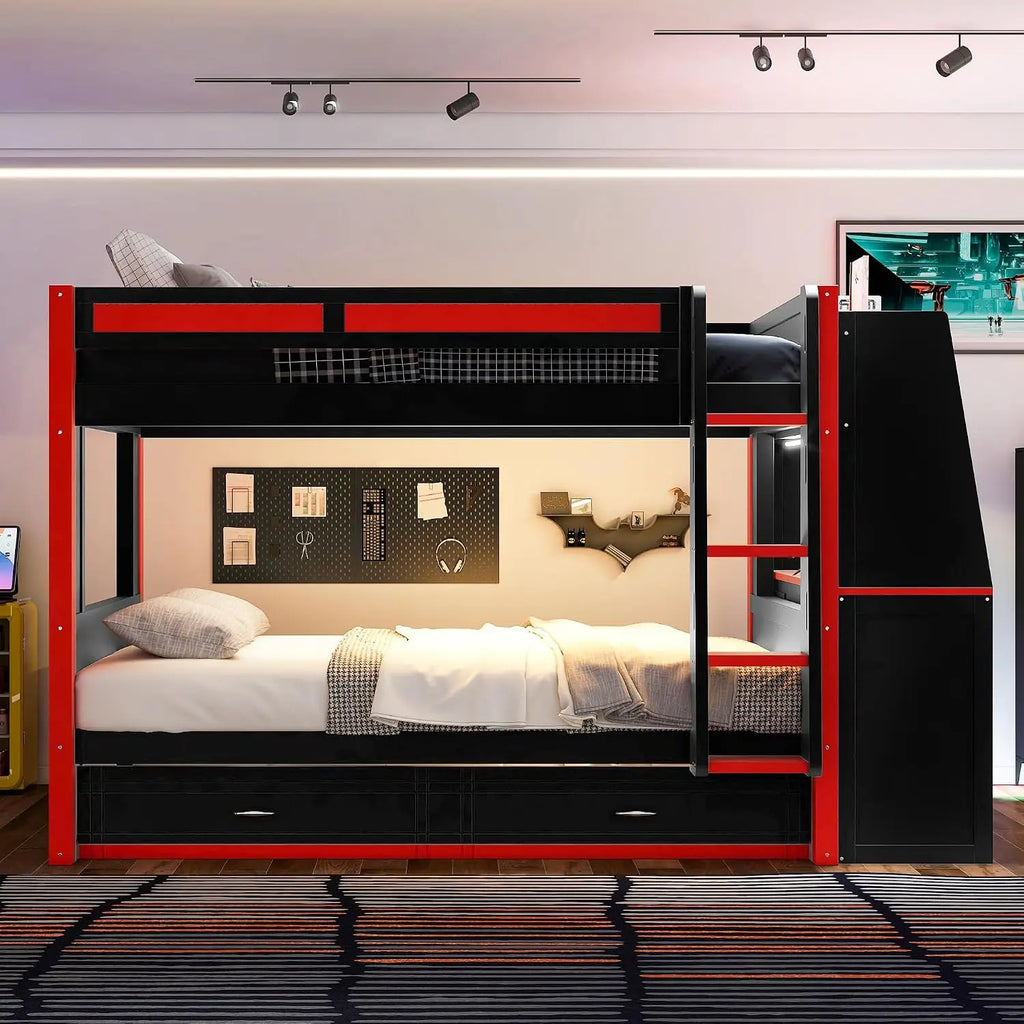 Full Size Gaming Bunk Bed with Desk, LED Lights & Trundle
