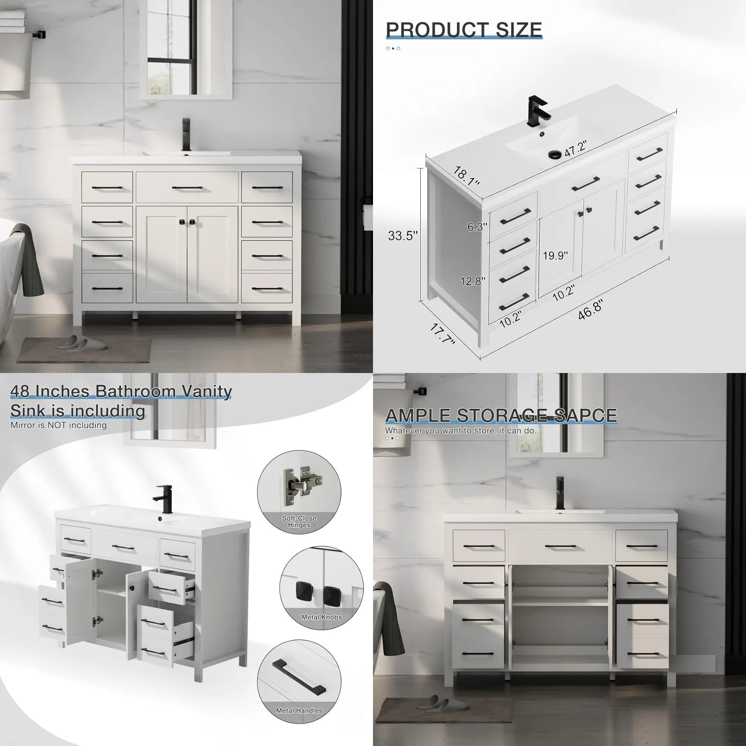 48" Modern Bathroom Vanity & Sink Cabinet Resin Single Bowl