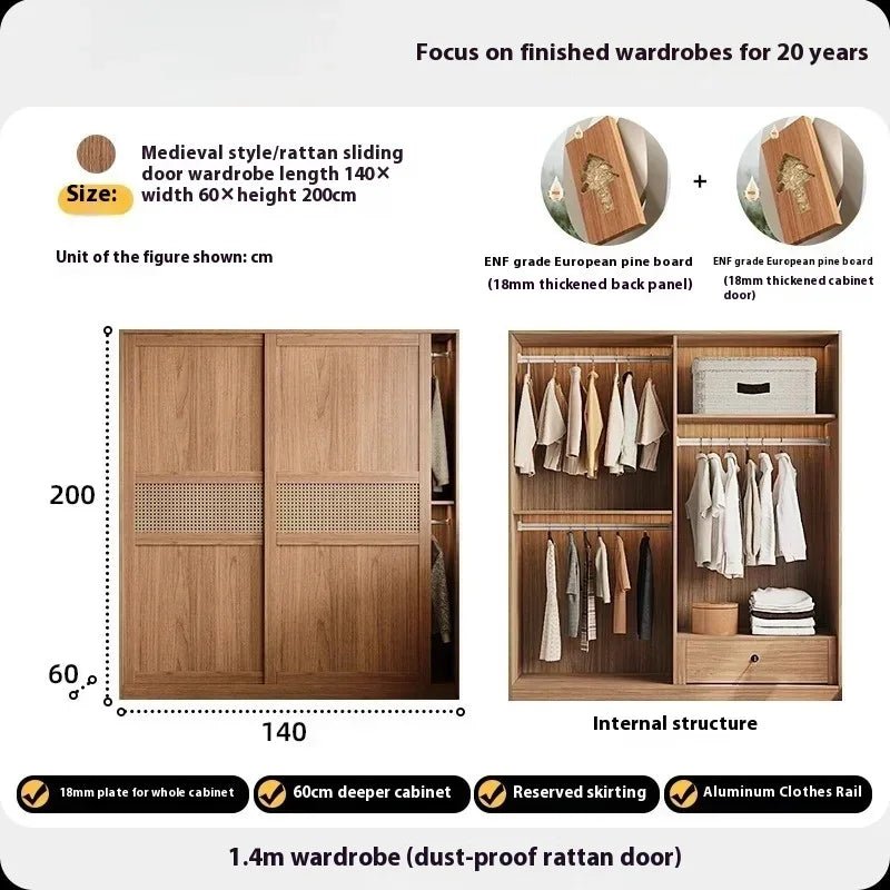 Rattan Armoire Nordic Sliding Door Large Drawers Storage Closet