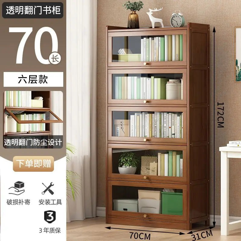 Modern Bamboo Bookshelf Storage Cabinet with Flip Doors 4/5/6 Tier Bookcase