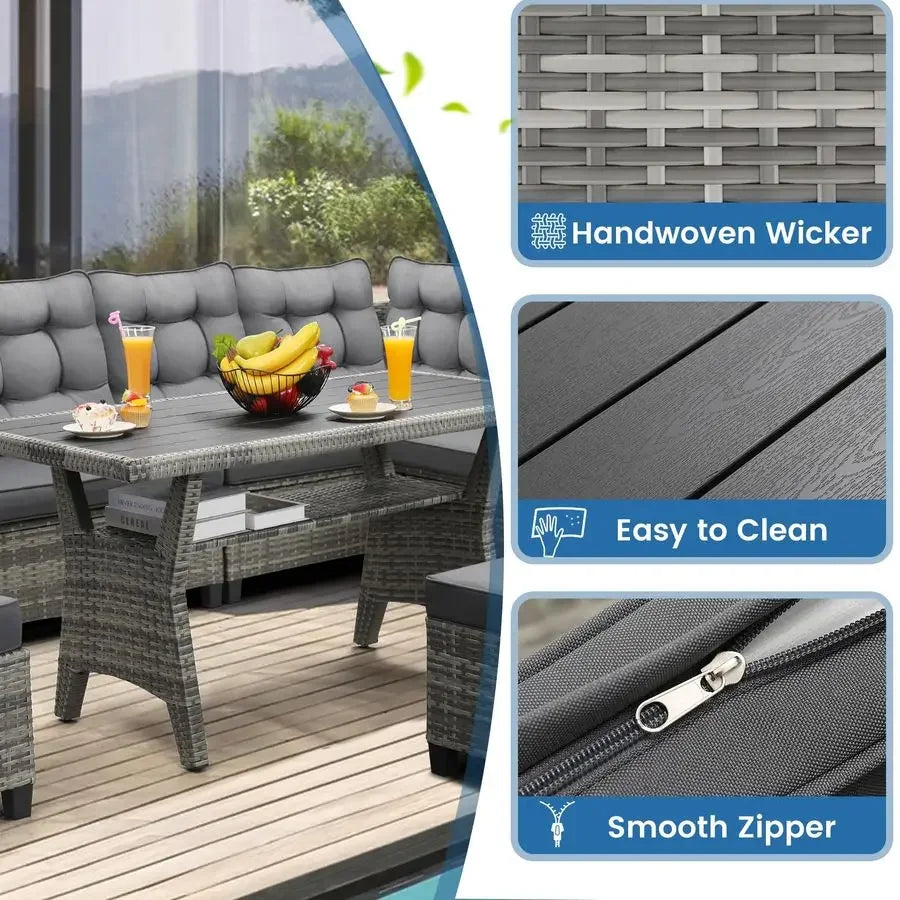 Patio Furniture Set, Outdoor Sectional Sofa with Dining Table and Chairs
